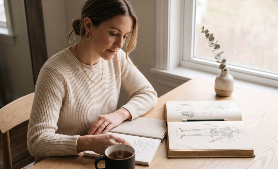 Woman in a cream knit studying an illustrated anatomy atlas at a sunlit desk while learning about female genital anatomy