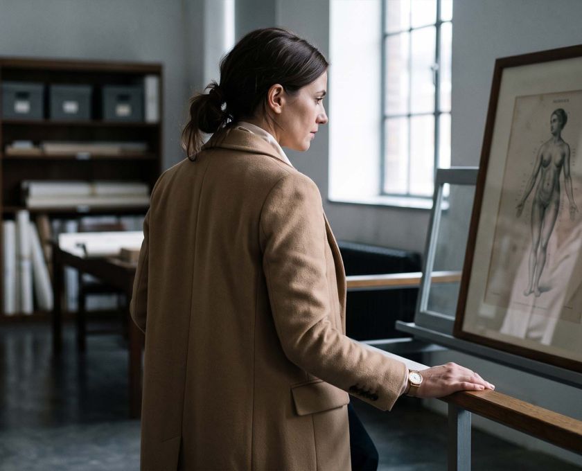 Woman in a camel coat viewing a framed nineteenth-century anatomical engraving in a museum archive, illustrating the history of how female anatomy was drawn