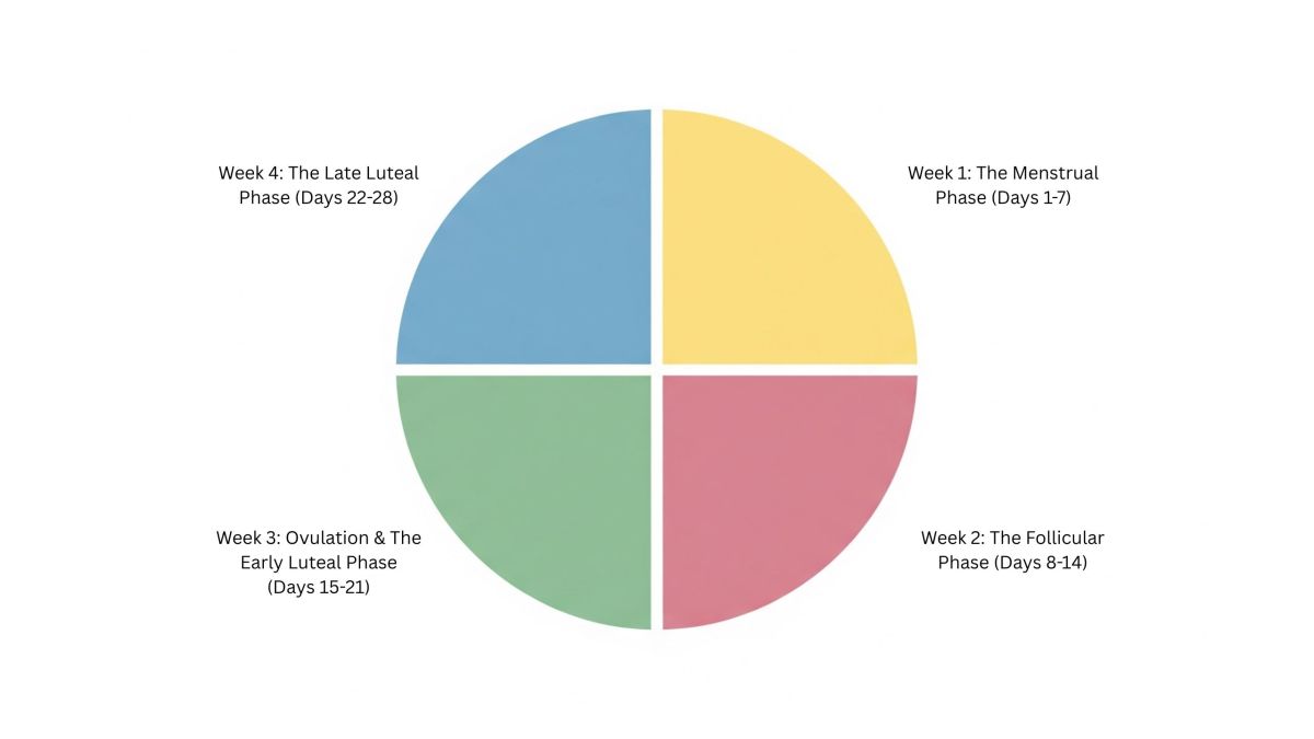 A diagram illustrating the four weekly phases of the menstrual cycle.