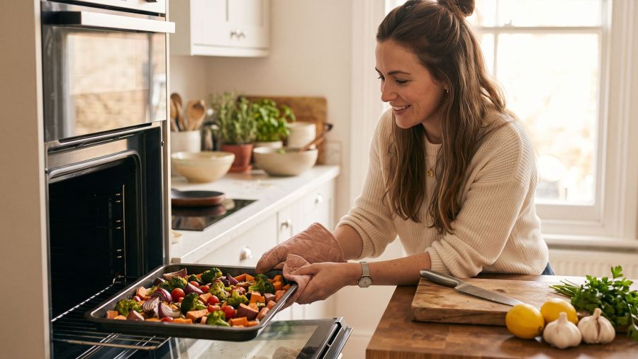 Woman in a sunlit home kitchen taking a tray of roasted vegetables from the oven while learning to cook at home