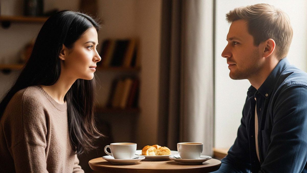 Couple having a heartfelt conversation at home