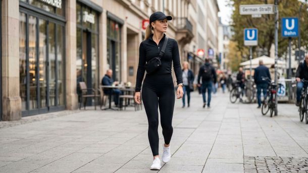 Eine stilvolle Frau läuft auf einem städtischen Gehweg und trägt olivgrüne Activewear mit einer beigen Jacke.