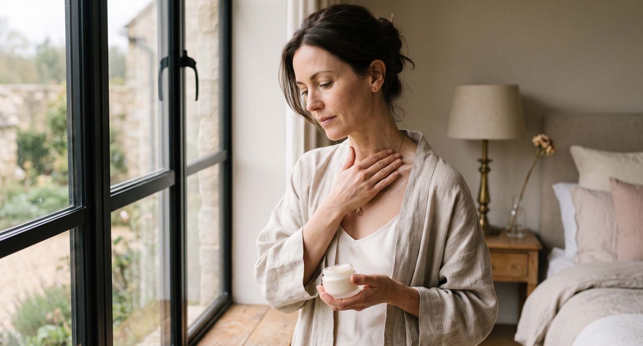 Woman in a linen robe applying cream to her collarbone and décolletage at a sunlit window during her morning skin care routine