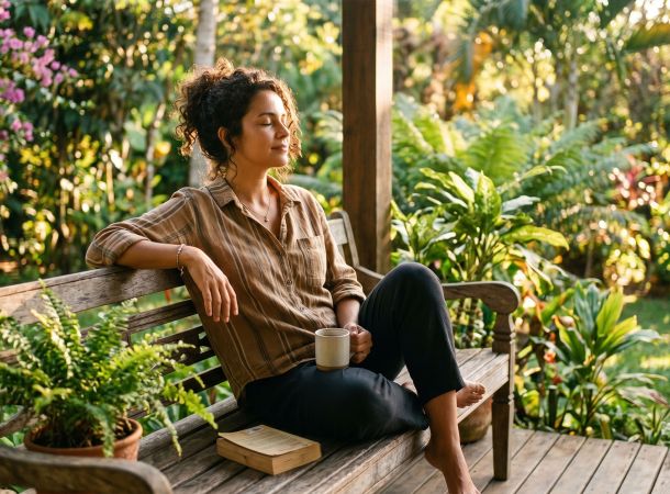 Mulher sentada tranquilamente ao ar livre sob luz suave da manhã, com os olhos fechados, representando equilíbrio emocional e calma