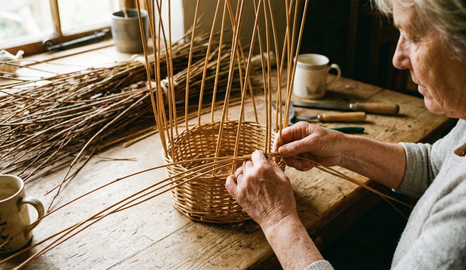 Close-up of a woman's hands skillfully weaving a natural willow basket in a sunlit room.