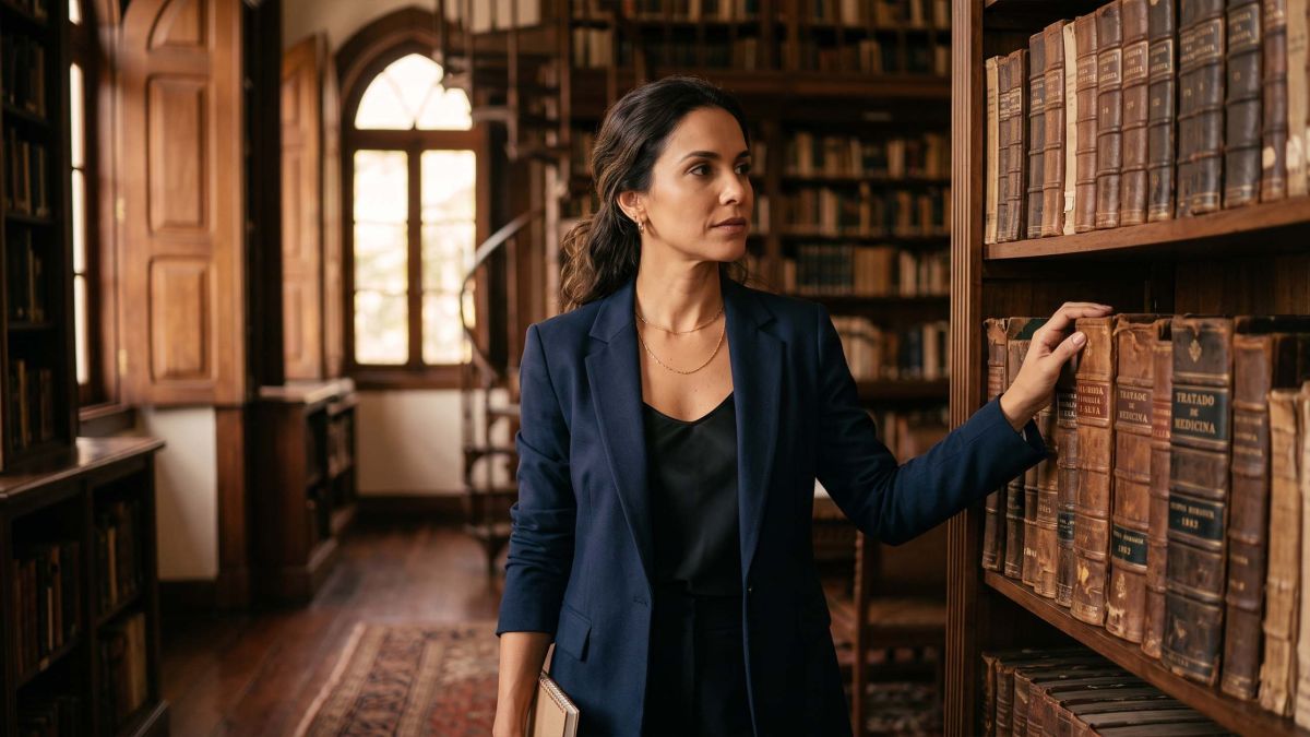 Elegante mulher estudando antigos livros de anatomia em uma biblioteca médica histórica, ilustrando a história da teoria do útero errante na medicina feminina.