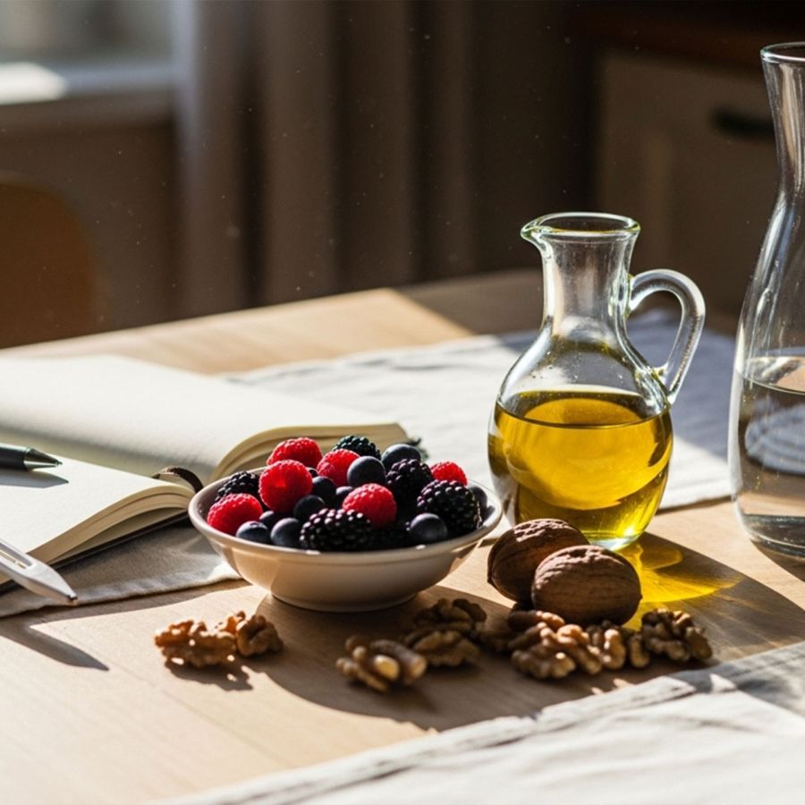 Foods and tools that support fertility: berries, walnuts, olive oil, water, journal, and basal thermometer