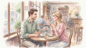 A man and woman engaging in a respectful first meeting, showcasing positive non-verbal cues.