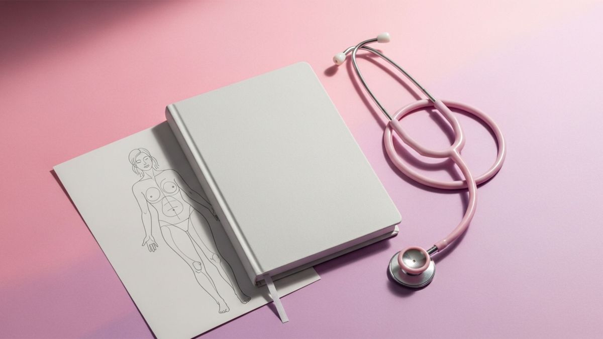 Pastel flat lay with journal, stethoscope, and vulva anatomy card on soft pink background