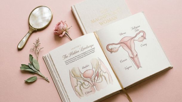 Illustrated open anatomy reference book surrounded by soft botanical elements on a blush pink background, representing accessible women’s health education.