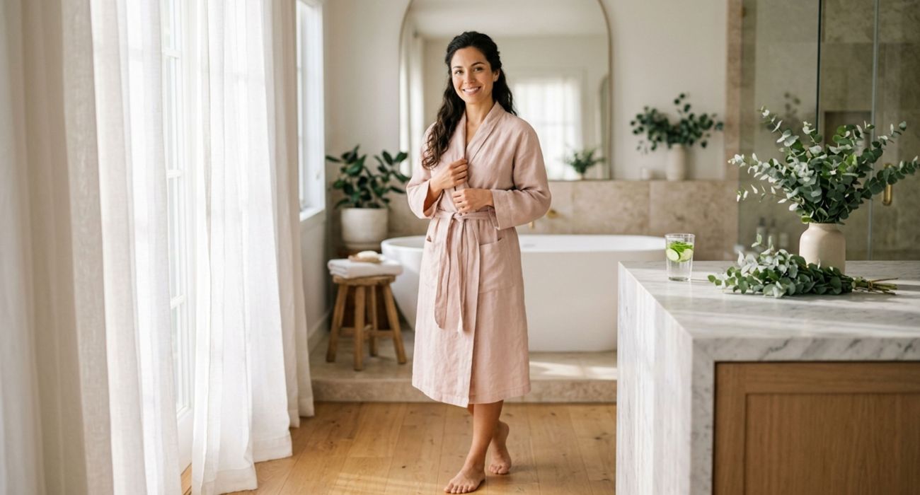 Mujer serena con una bata color rosa suave bajo una luz brillante de la mañana, representando el equilibrio natural del pH vaginal y el bienestar íntimo cotidiano