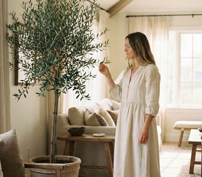 A woman reflecting in a serene, sunlit room, representing emotional peace and feminine grace.