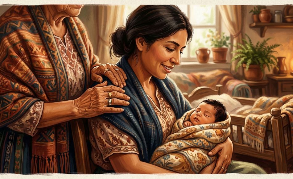 Una abuela apoyando a una madre reciente y a su bebé en un ambiente hogareño cálido.