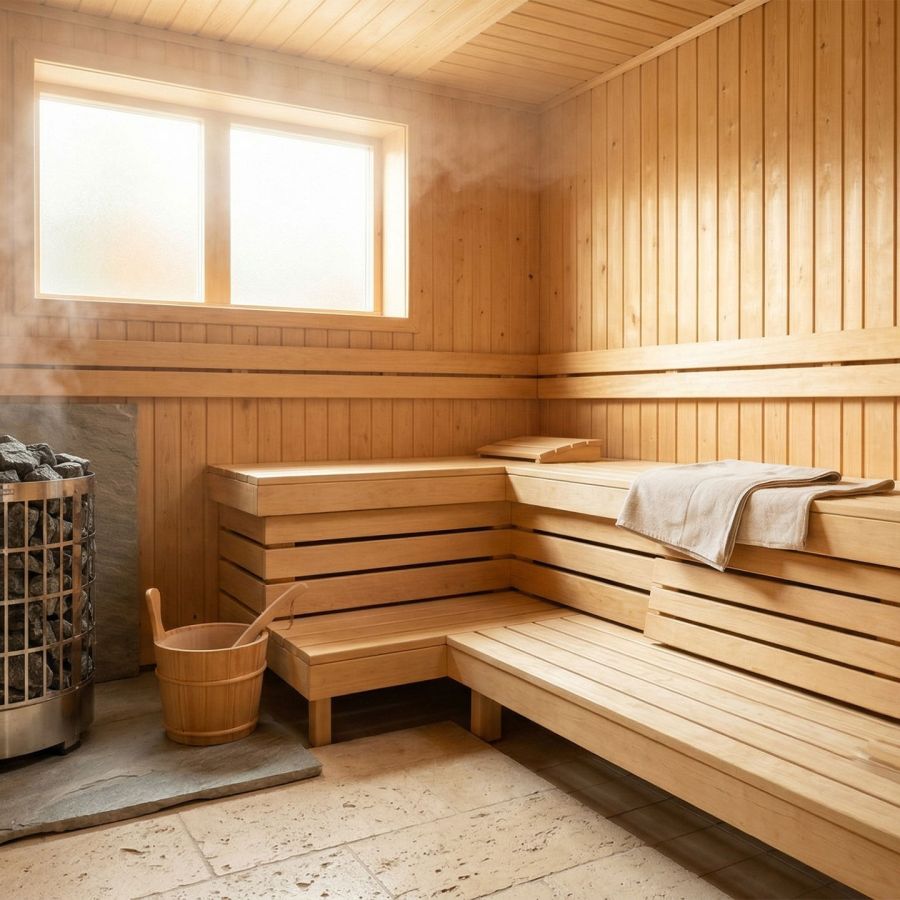 Interior de sauna de madeira com luz natural — símbolo de conforto corporal em culturas do mundo