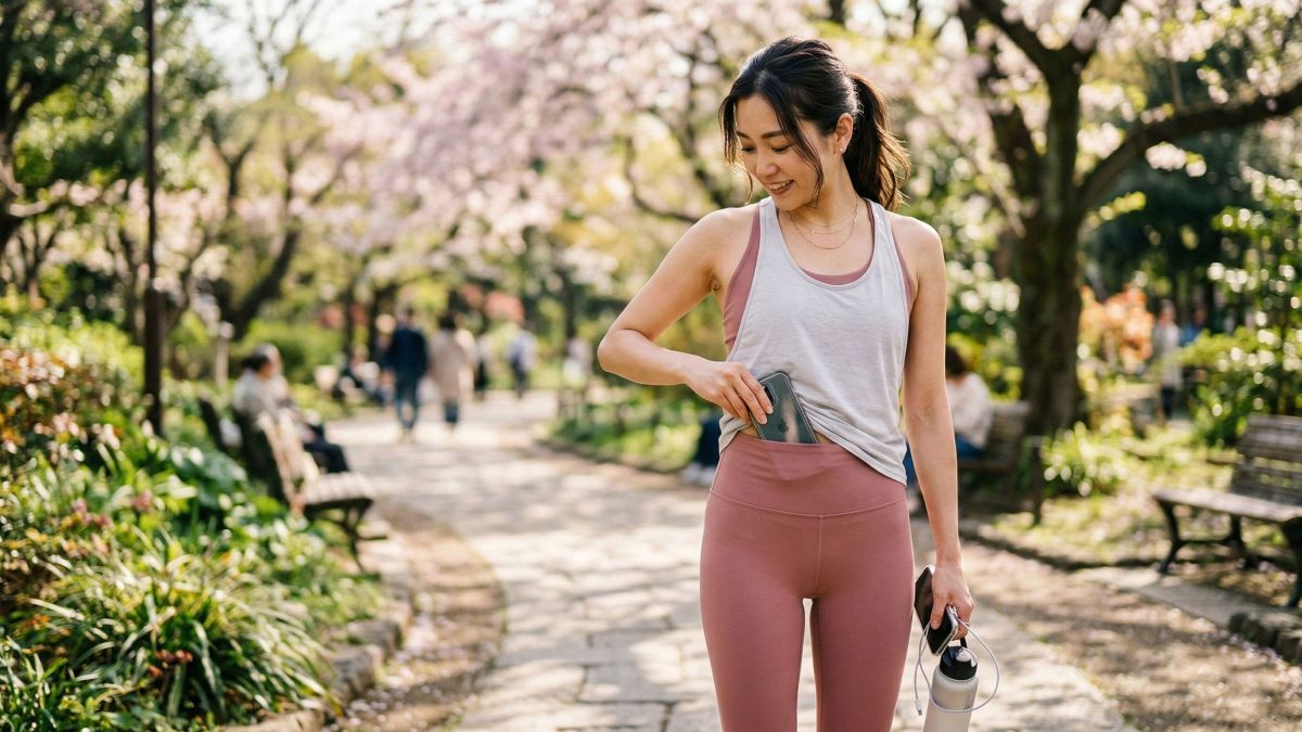セージグリーンのレギンスを着た女性が、散歩中にスマートフォンをウエスト部分に差し込んでいる様子。