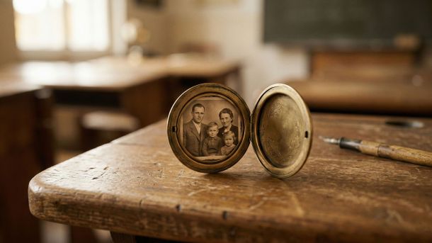 Ein klassischer Holzschultisch mit einer kleinen Blume und einem alten Medaillon, Symbol für ein ruhiges und neutrales Lernumfeld.