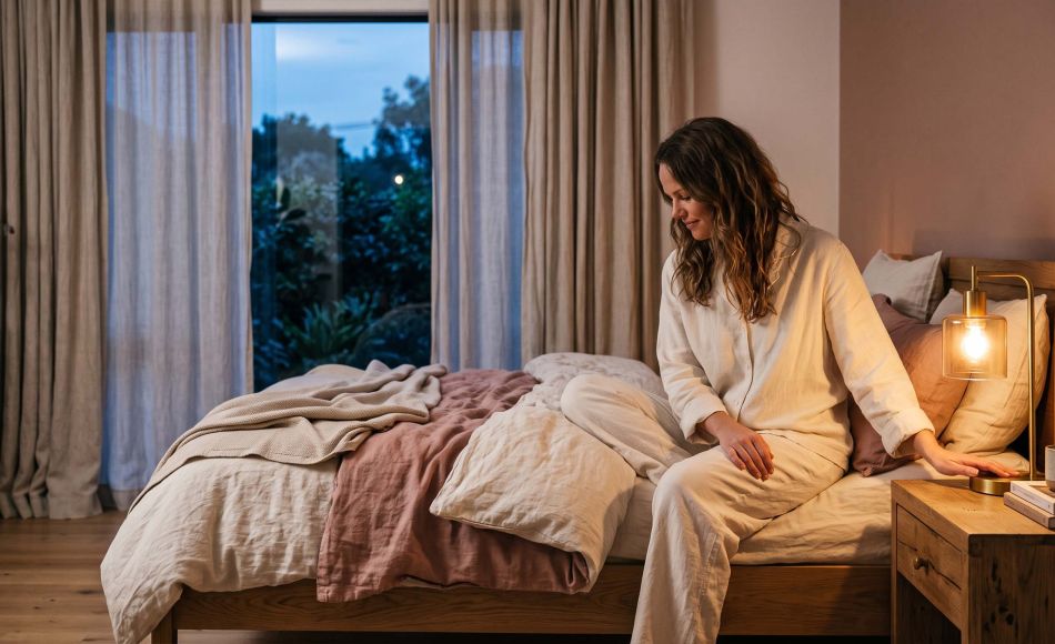 Woman in cream pyjamas switching on a bedside lamp at dusk, illustrating the unspoken signals couples use for intimacy