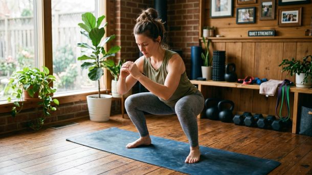 Una mujer haciendo ejercicio en casa, representando el fitness posparto y la recuperación física después del parto.