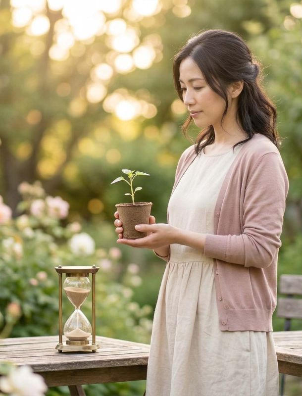 人生と妊娠力の自然な季節について思いを巡らせる現代の女性。