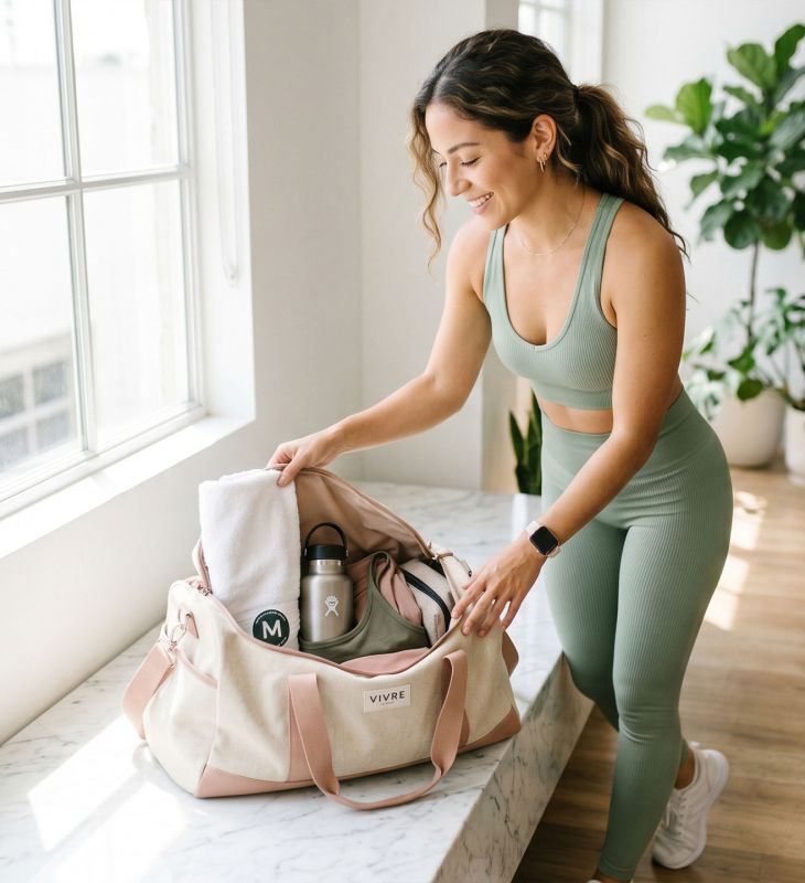 Mujer con ropa deportiva clara dejando una bolsa de gimnasio tras entrenar, luz natural