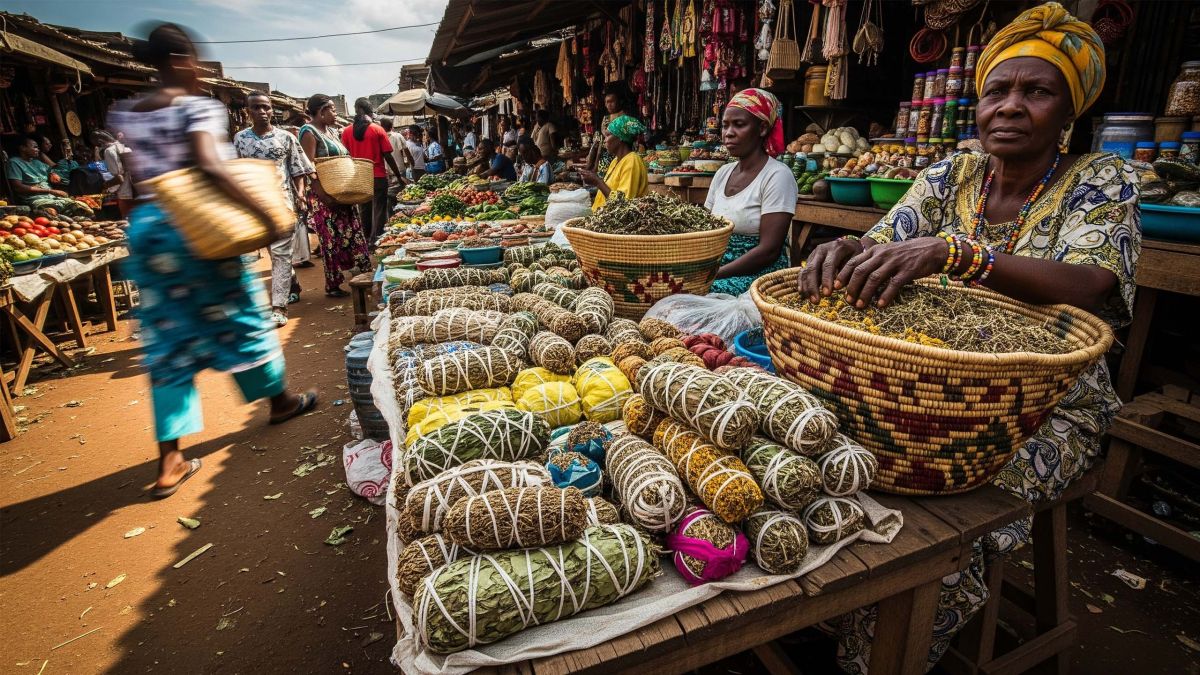 Market stall with wrapped herbal bundles and clay pots, illustrating traditional remedies and preparations.