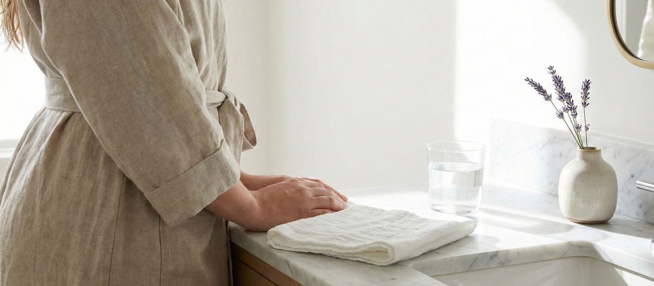 Elegant marble bathroom vanity representing clean and natural feminine hygiene rituals.