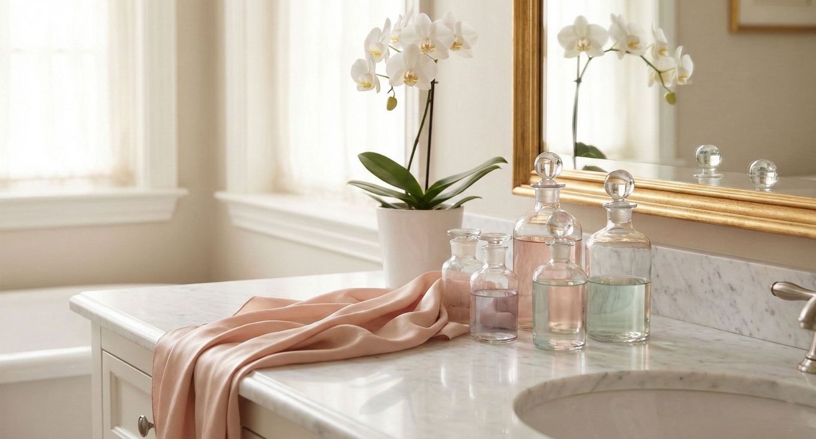 Coiffeuse &eacute;l&eacute;gante avec bouteilles de soins de luxe et orchid&eacute;es repr&eacute;sentant la beaut&eacute; f&eacute;minine mondiale.