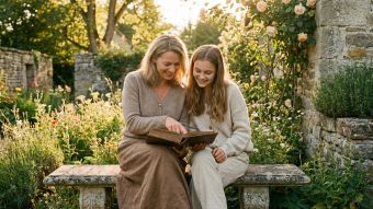 Eine Mutter, die ihrer Tochter in ruhiger Umgebung traditionelle Werte vermittelt.