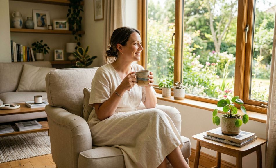 A peaceful woman enjoying a quiet moment in a bright, clean home.
