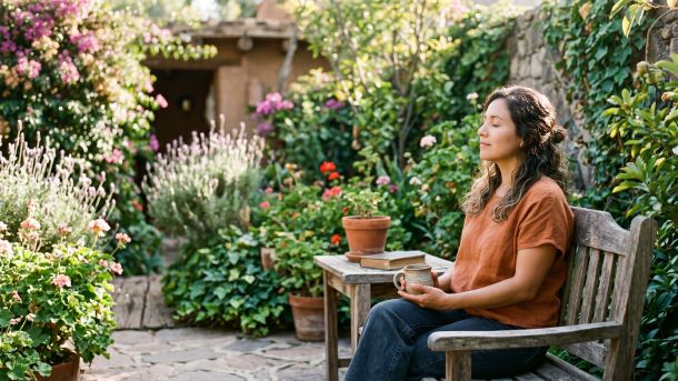 Mujer sentada tranquilamente al aire libre con suave luz de la mañana y ojos cerrados, representando equilibrio emocional y calma