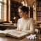 Mujer estudiando un folio anatómico del siglo XIX en una biblioteca médica histórica iluminada por el sol mientras investiga la historia de la anatomía femenina.