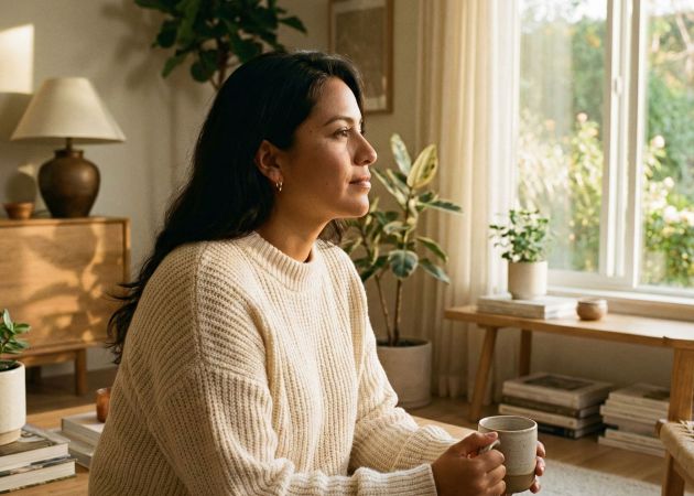 Una mujer practicando respiración consciente en una habitación luminosa y tranquila para reducir el estrés.