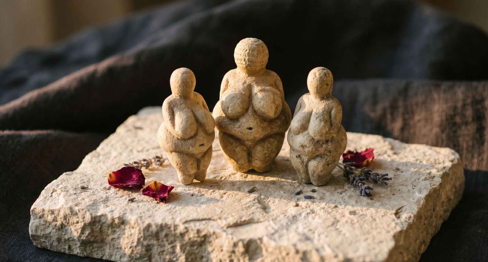 Figurillas antiguas de Venus y símbolos femeninos sagrados de culturas del mundo sobre piedra natural con luz cálida
