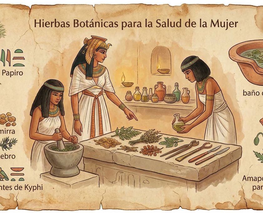 Hierbas secas, pergaminos y vasijas de barro que representan antiguos remedios botánicos utilizados en la salud femenina a lo largo de la historia.