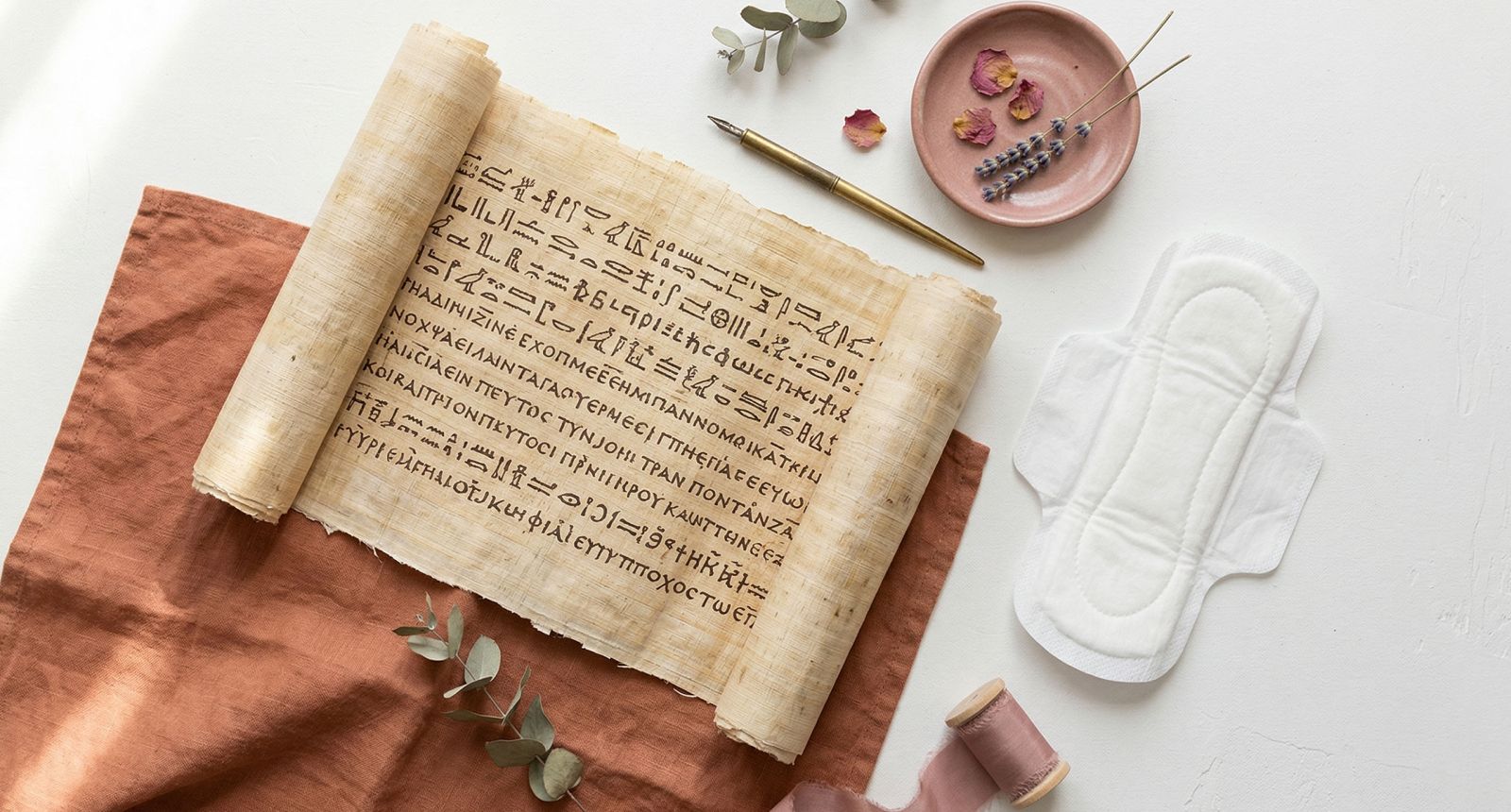 Eine Papyrusrolle und ein Kalender, die die Geschichte des monatlichen Zyklus im Laufe der Zeit darstellen