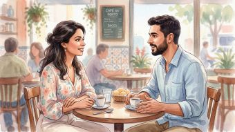 Um homem e uma mulher em um primeiro encontro respeitoso demonstrando sinais não verbais positivos.