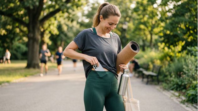 Eine Frau in salbeigrünen Leggings steckt ihr Smartphone beim Spaziergang in den Bund.