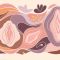 Alt: Una ilustración abstracta que presenta representaciones estilizadas de diversas formas de vulva, representadas con suaves curvas y pétalos superpuestos en tonos suaves de rosa, morado y tierra.