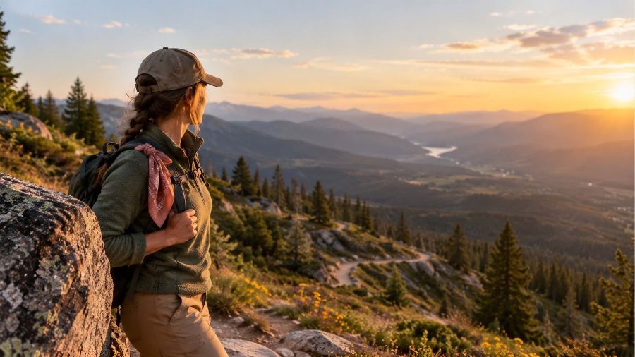 Woman hiker pausing beside a granite boulder on a mountain trail at golden hour with a rose bandana tied to her daypack