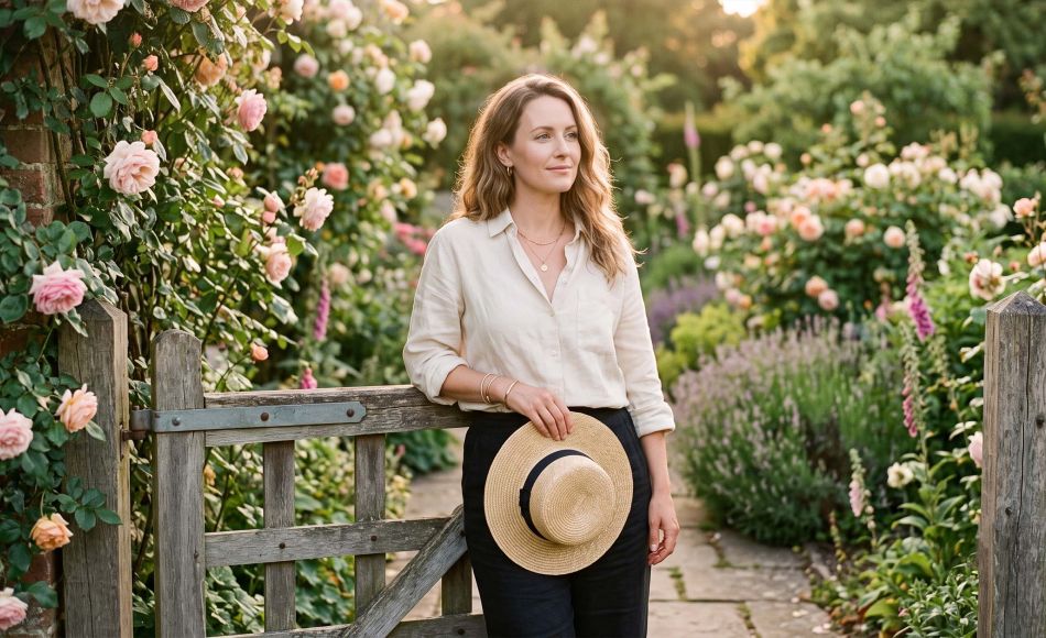 Serene woman in linen at a rose-covered garden gate in golden light during a screen-free weekend reset for a positive mindset