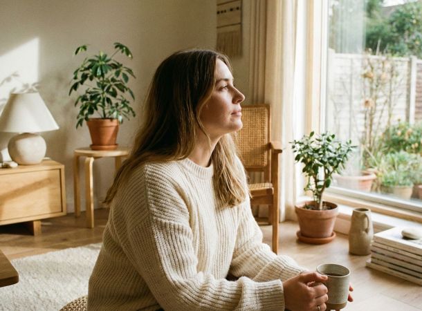 A woman practicing mindful breathing in a bright, peaceful room to lower stress levels.