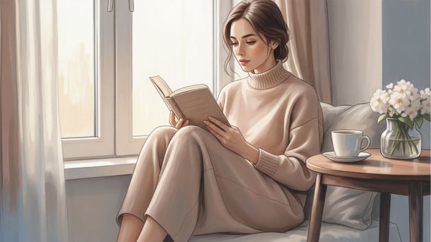 Mujer leyendo con una taza junto a la ventana — momento de aprendizaje tranquilo