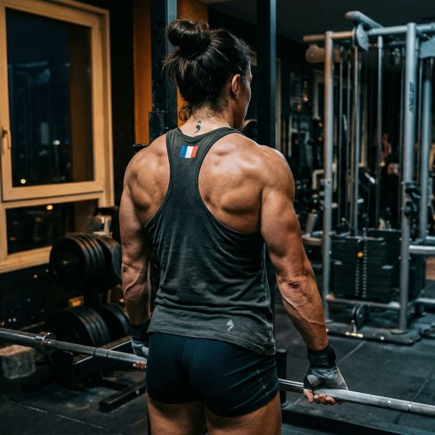 Athlète féminine forte s’entraînant en salle de sport, vue de dos montrant les muscles du dos et des bras bien définis sous un éclairage latéral dramatique