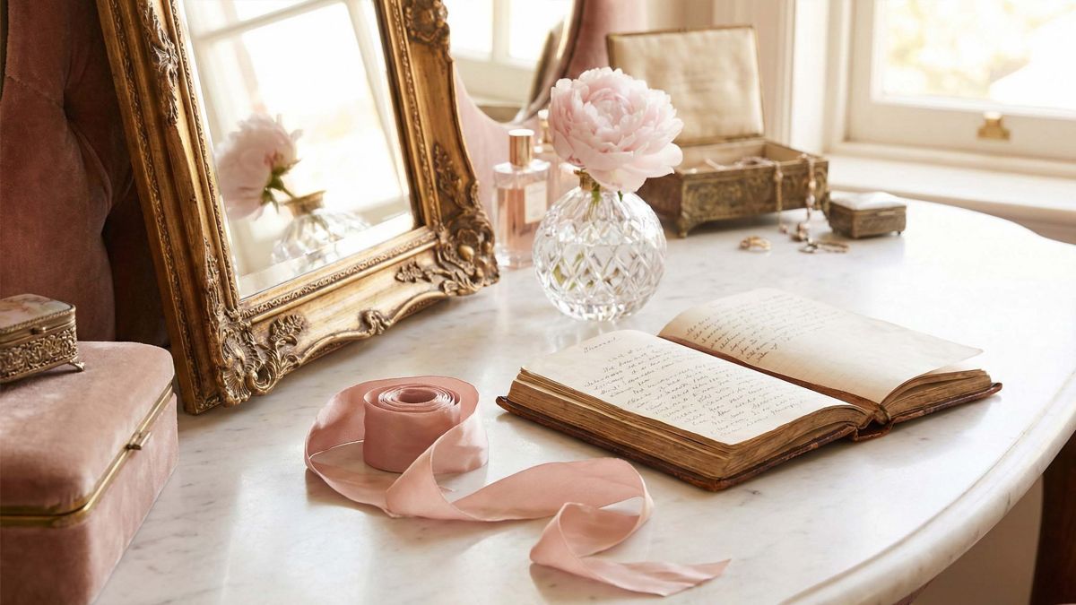 Eine elegante feminine Schminkkommode mit goldenem Spiegel und Tagebuch, die die Geschichte privater weiblicher Bildung und Gesundheit symbolisiert.