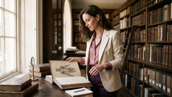 Elegant woman examining a 19th-century medical catalogue in a sunlit archive, illustrating the documented history of Victorian hysteria treatment