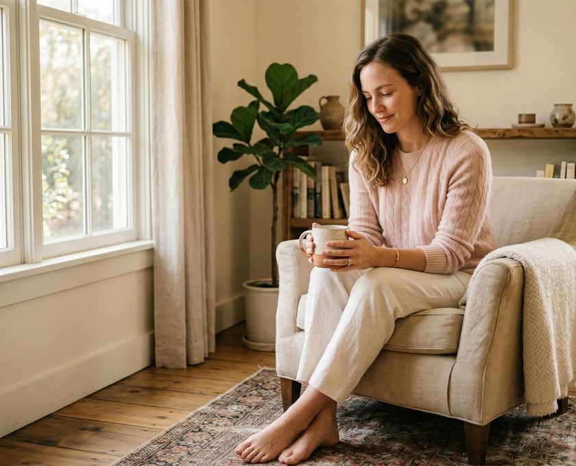 A calm, confident woman in soft natural light, representing body awareness and self-knowledge