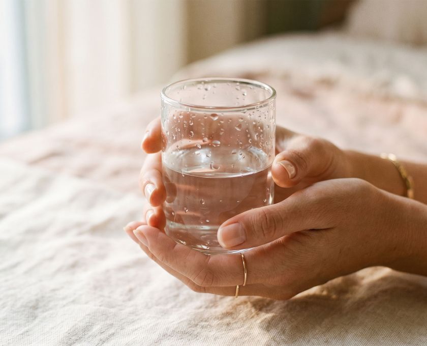 Woman's hands holding a clear glass of water in natural light, representing the female body's natural moisture and hydration — women's health editorial
