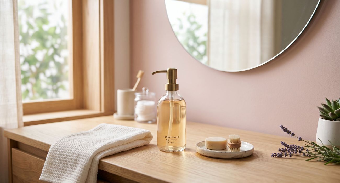 Minimalist personal care products and a soft cotton towel on a bright, clean bathroom counter.