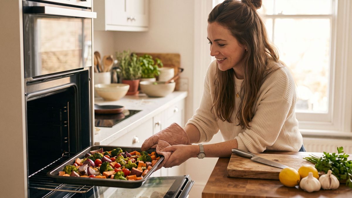 Woman in a sunlit home kitchen taking a tray of roasted vegetables from the oven while learning to cook at home