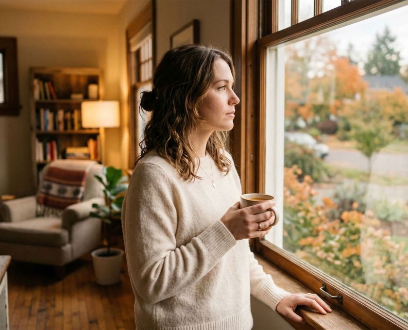 A thoughtful woman looking out a window in a warm home setting.
